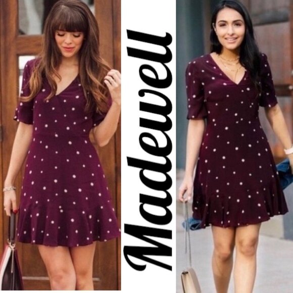 MADEWELL 100% Silk Burgundy Star Print Flutter Hem Faux Wrap Mini Dress, Small - Picture 8 of 13